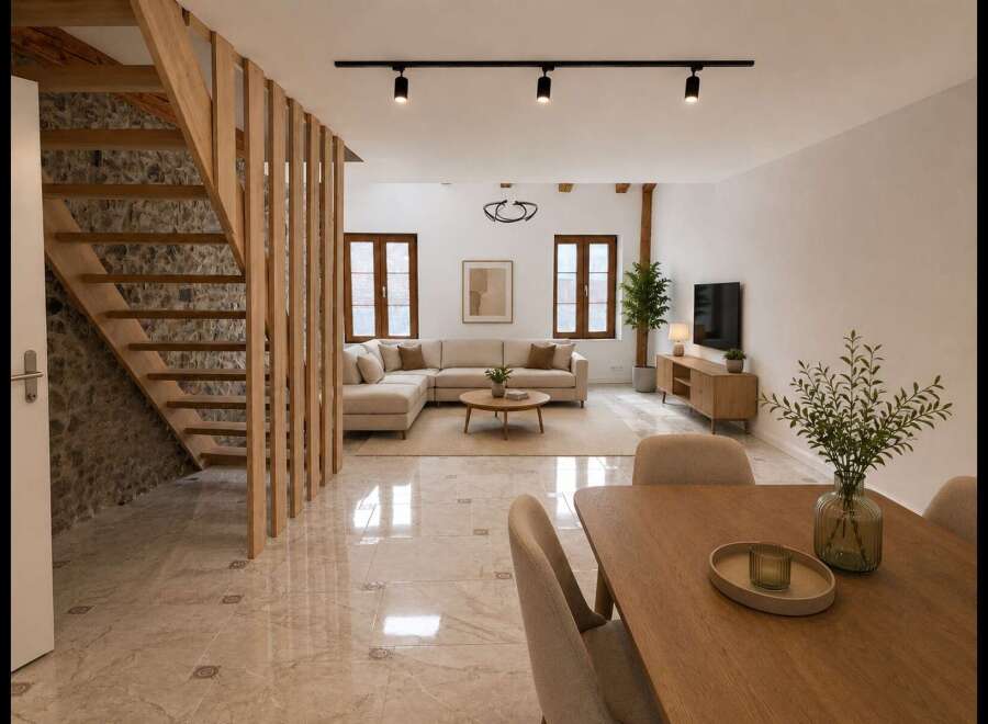 Discover this stunning open-concept living space, featuring a modern sectional sofa, a stylish coffee table, and a sleek entertainment center.