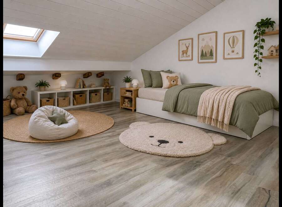 Discover this charming attic bedroom, perfect for a child's sanctuary.