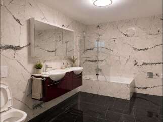 Experience modern luxury in this stunning bathroom featuring elegant marble-patterned walls and sleek black marble floors.