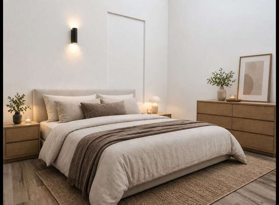 Experience serene comfort in this beautifully appointed bedroom, featuring a plush king-size bed with luxurious linen bedding and a cozy throw.