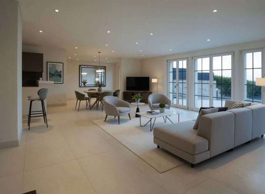 Experience modern living in this spacious open-concept home, featuring a sleek dining area with a large mirror and a comfortable living room with plush seating.