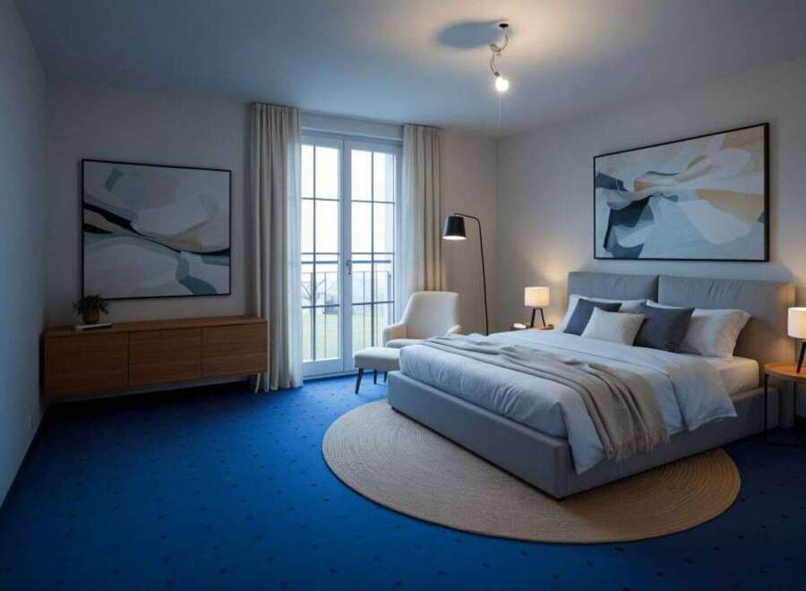Experience modern comfort in this beautifully appointed bedroom, featuring a plush king-sized bed and elegant abstract artwork.