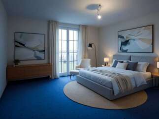Experience modern comfort in this beautifully appointed bedroom, featuring a plush king-sized bed and elegant abstract artwork.