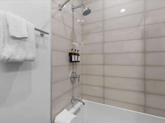 Experience a spa-like retreat in this modern bathroom, featuring a sleek bathtub and a refreshing shower with elegant tiled walls.