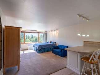 This studio apartment offers a comfortable living space with a queen-size bed and a vibrant blue sofa, perfect for relaxation.