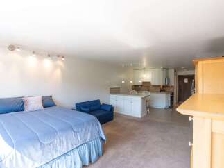 Discover this charming studio apartment featuring a comfortable bed, a cozy blue sofa, and a well-equipped kitchenette perfect for preparing meals.