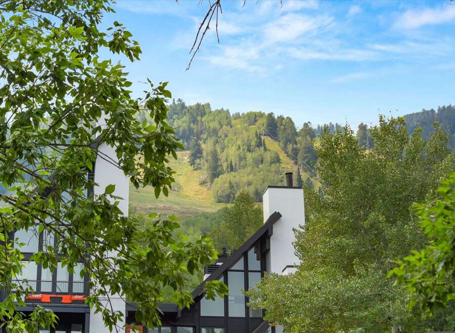 Experience mountain living with this stunning property offering breathtaking views of a lush, tree-covered hillside and a ski slope.