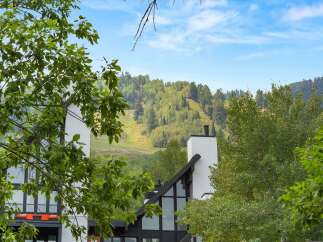 Experience mountain living with this stunning property offering breathtaking views of a lush, tree-covered hillside and a ski slope.