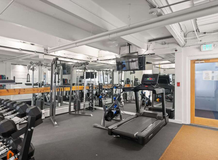 This well-equipped gym features a variety of strength training equipment, including a full dumbbell rack and a multi-functional cable machine.