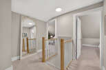 This spacious hallway features a large ornate mirror reflecting the light from a modern ceiling fixture.