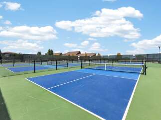 Enjoy outdoor recreation with this set of pristine pickleball courts, perfect for community gatherings or private use.
