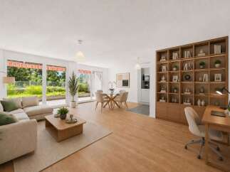 Experience modern living in this spacious open-plan apartment, featuring a comfortable sectional sofa and a stylish dining area perfect for entertaining.