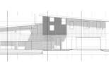 This architectural drawing showcases a modern, multi-level home with a distinctive sloped roofline.