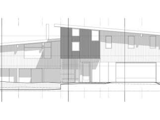 This architectural drawing showcases a modern, multi-level home with a distinctive sloped roofline.