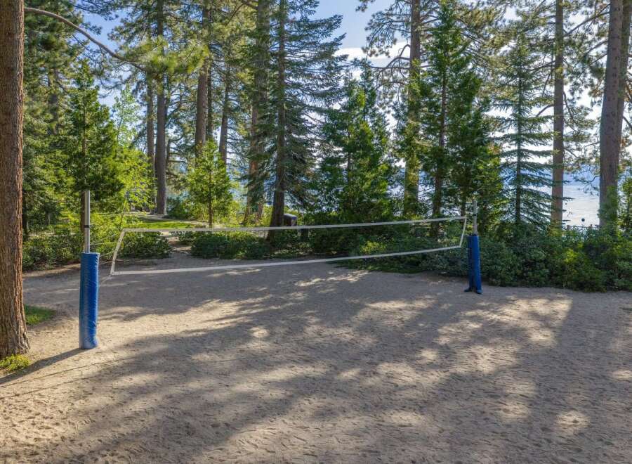 Enjoy outdoor recreation with this beautiful sand volleyball court, nestled among tall pine trees.