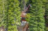 Nestled amidst lush evergreen trees, this modern A-frame cabin offers a serene mountain retreat.