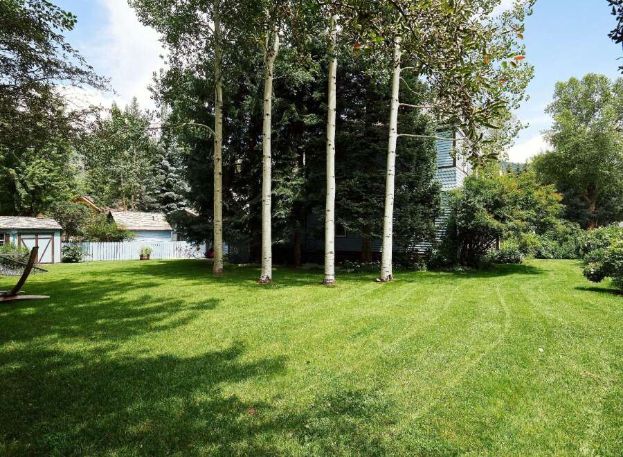 Enjoy the serene backyard oasis featuring a lush green lawn perfect for outdoor activities and relaxation.