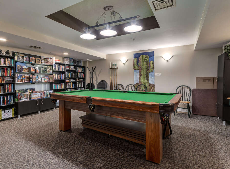 Enjoy leisure time in this well-appointed game room featuring a classic pool table perfect for friendly competitions.