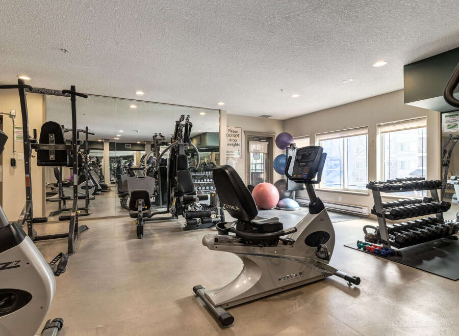 This well-equipped gym features a variety of cardio machines, including recumbent bikes and treadmills, perfect for your daily workout routine.