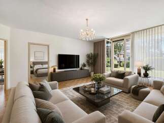 Experience luxurious living in this stunning open-concept living space, featuring a modern entertainment center and a sophisticated marble coffee table.