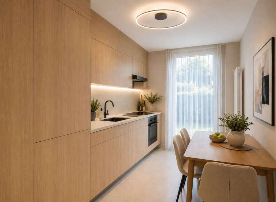 Discover this modern kitchen and dining area, featuring sleek, light wood cabinetry and integrated appliances.
