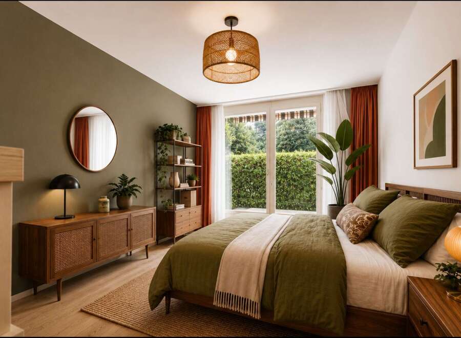 Discover this serene bedroom featuring a cozy queen-size bed dressed in olive green linens, complemented by a natural woven rug and a rattan accent dresser.