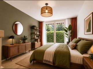 Discover this serene bedroom featuring a cozy queen-size bed dressed in olive green linens, complemented by a natural woven rug and a rattan accent dresser.