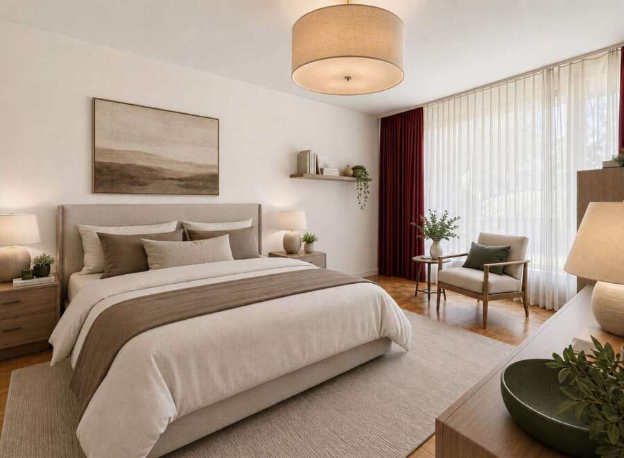 Experience serene living in this beautifully appointed bedroom, featuring a plush king-sized bed with luxurious linens and a coordinating accent runner.