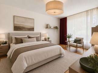 Experience serene living in this beautifully appointed bedroom, featuring a plush king-sized bed with luxurious linens and a coordinating accent runner.