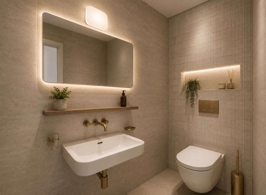 Experience modern luxury in this beautifully designed bathroom, featuring a sleek wall-mounted sink and a minimalist toilet.