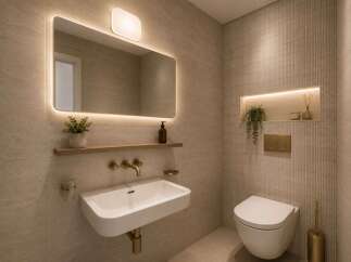Experience modern luxury in this beautifully designed bathroom, featuring a sleek wall-mounted sink and a minimalist toilet.