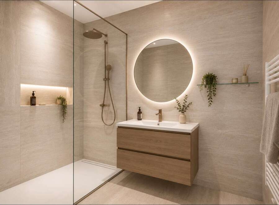 Experience modern luxury in this stunning bathroom featuring a spacious walk-in shower with elegant tilework and a built-in niche for toiletries.