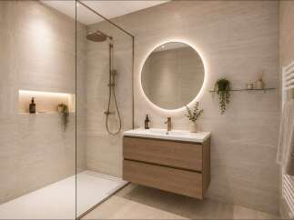 Experience modern luxury in this stunning bathroom featuring a spacious walk-in shower with elegant tilework and a built-in niche for toiletries.