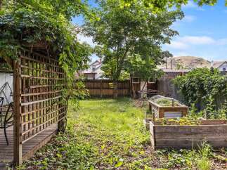 Discover your private oasis in this charming backyard, featuring a wooden pergola draped in lush greenery, perfect for outdoor relaxation.