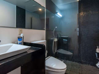 Experience modern luxury in this sleek bathroom featuring a stylish vanity with a chrome faucet and a spacious sink.