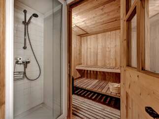 Experience ultimate relaxation in this luxurious spa-like bathroom featuring a private sauna with wooden benches and a separate shower area.
