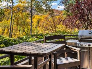 Enjoy the vibrant autumn foliage from this stunning deck, complete with a Weber grill and outdoor dining set.