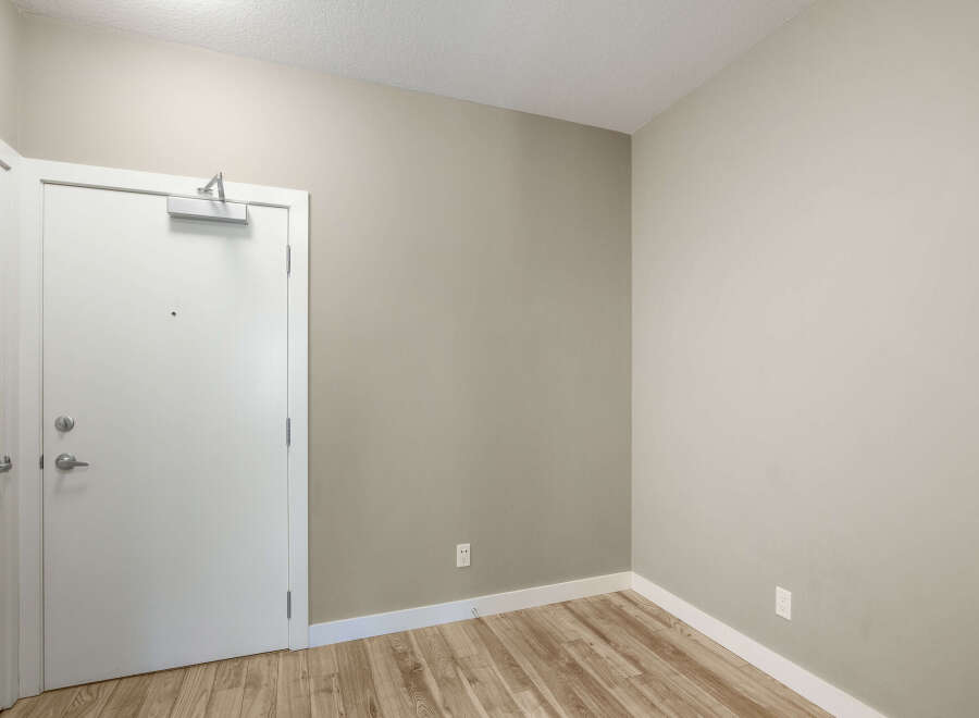 Step into this inviting space featuring a sleek white door with modern hardware, leading into a room with neutral-toned walls and a warm, wood-look laminate floor.