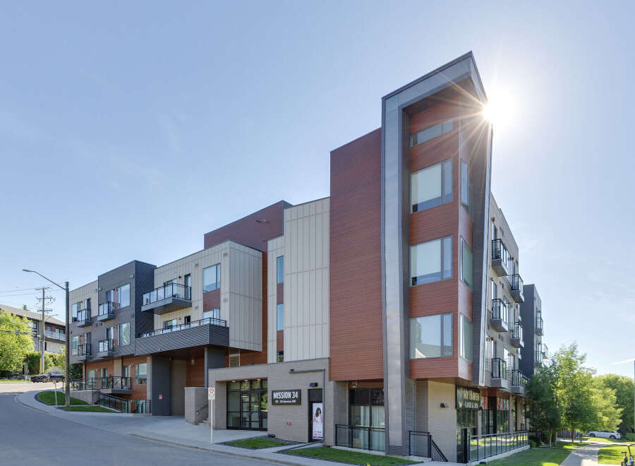 Discover modern living at Mission 34, a contemporary apartment building featuring sleek architectural design and spacious balconies.