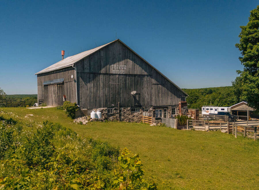 Discover this charming rural property featuring a classic wooden barn with 'TRIVUE RIDGE' signage, set against a backdrop of lush green hills and a clear blue sky.