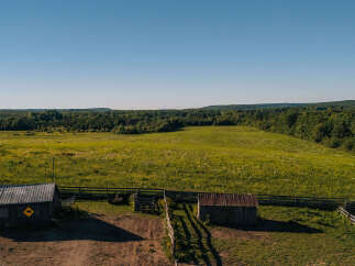 Discover this picturesque rural property featuring a charming barn with a distinctive cow sign, perfect for agricultural pursuits or a hobby farm.