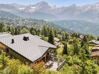 Experience breathtaking mountain views from this stunning chalet, nestled amidst lush greenery and overlooking a charming village.