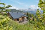 Experience breathtaking mountain views from this stunning wooden chalet, perfectly nestled amidst lush greenery.
