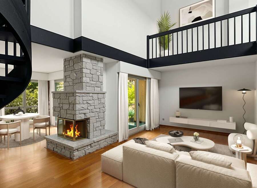 Experience modern living in this stunning multi-level loft featuring a dramatic stone fireplace as the centerpiece of the spacious living area.