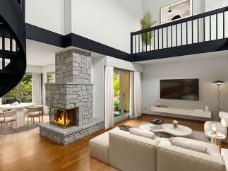 Experience modern living in this stunning multi-level loft featuring a dramatic stone fireplace as the centerpiece of the spacious living area.