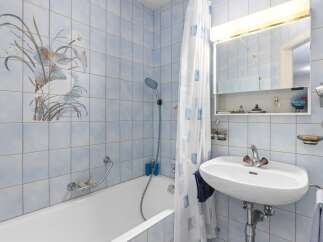 This charming bathroom features a bathtub with a showerhead and a decorative tile mural of a bird and flowers.