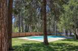 Enjoy a refreshing dip in this sparkling blue swimming pool, surrounded by lush green grass and mature trees.