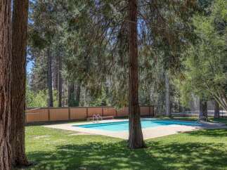 Enjoy a refreshing dip in this sparkling blue swimming pool, surrounded by lush green grass and mature trees.