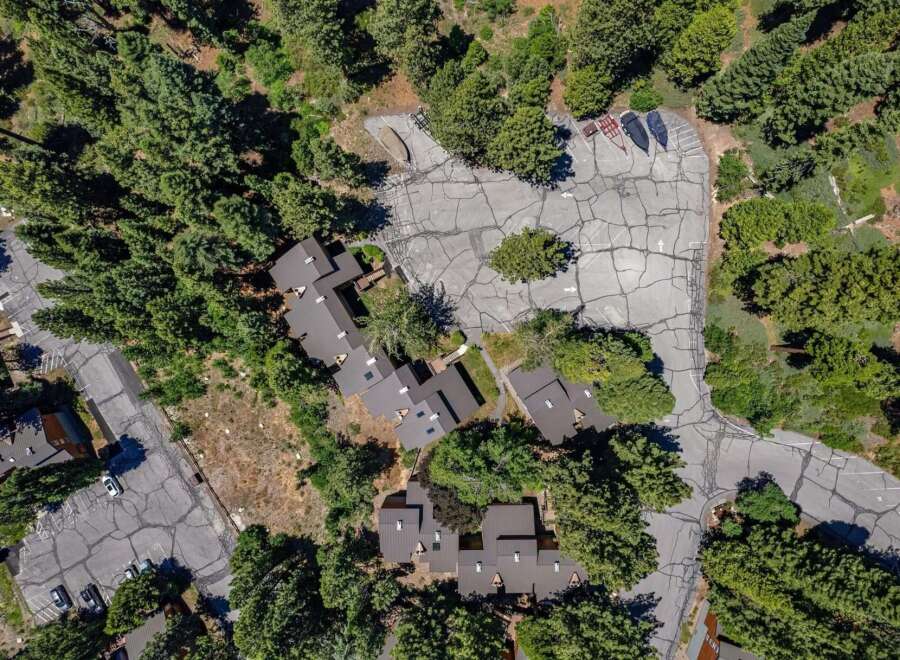Discover this stunning aerial view showcasing a cluster of modern townhomes nestled amidst a dense forest.
