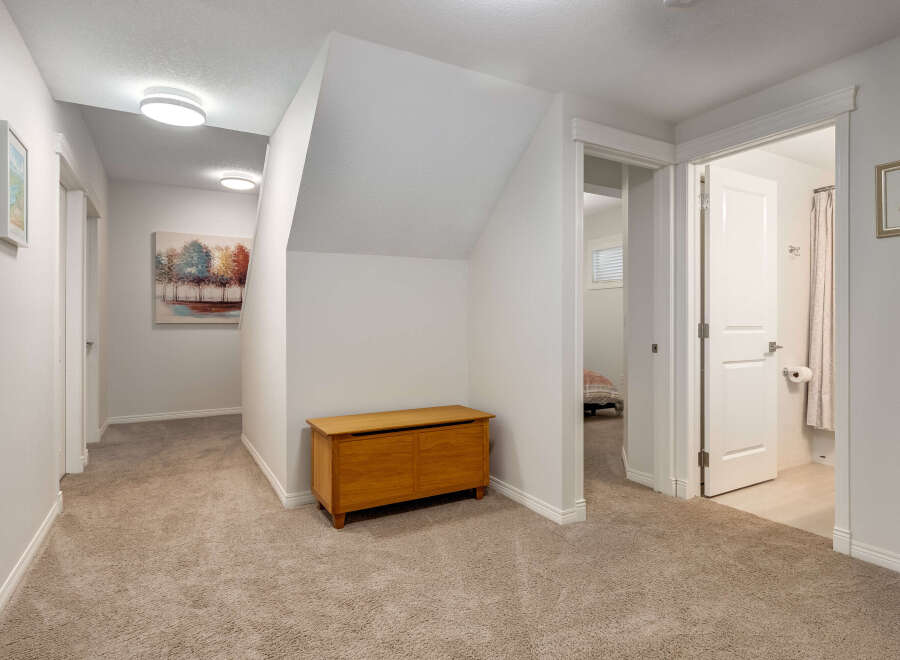 This hallway features a warm and inviting atmosphere with plush carpeting and modern ceiling lights.